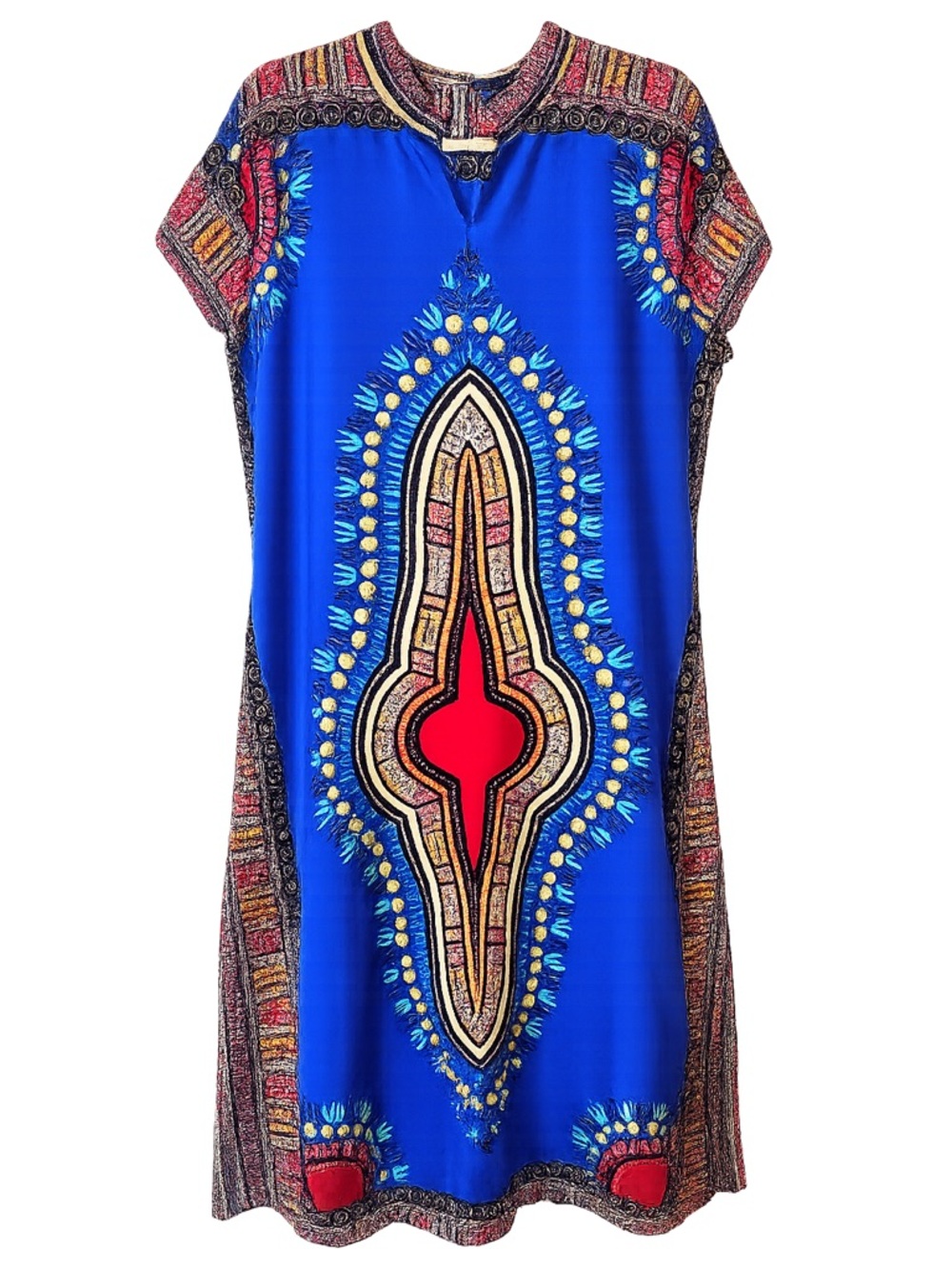 Vibrant Blue & Red Dashiki Maxi Dress